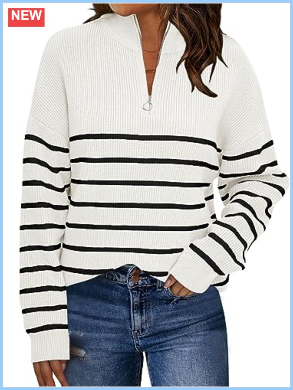 Oversized Quarter Zip Striped Knit Sweater Women's Fall Long Sleeve Pullover